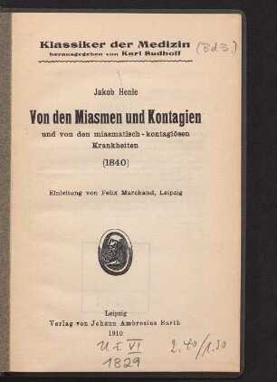 Von den Miasmen und Kontagien und von den miasmatisch-kontagiosen Krankheiten : (1840)