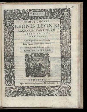 Leo Leoni: Sacrarum cantionum liber primus octo vocum ... Tenor Primus Chorus