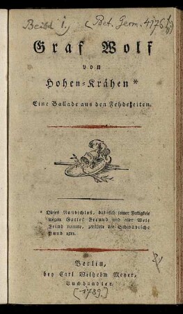 Graf Wolf von Hohen-Krähen : Eine Ballade aus den Fehdezeiten