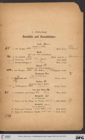 I. Abtheilung: Gemälde und Kunstblätter (Nr. 1 - 179)