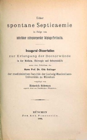 Ueber spontane Septicaemie in Folge von infectiöser extrapuerperaler Salpingo-Peritonitis : Inaug.-Diss. d. U. München
