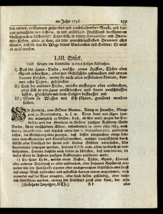 LIII. Stück. Edict Wegen der Diebstähle in denen hiesigen Residentzien.