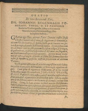 Oratio De Vita Reverendi Viri, Dn. Iohannis Bugenhagii Pomerani ...