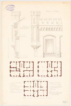 Rathaus, Striegau 3. Projekt: Ausführungsentwurf: Grundriss Erdgeschoss, 1. und 2. Obergeschoss; Aufriss Zinnenecktürmchen; 2 Maßstabsleisten