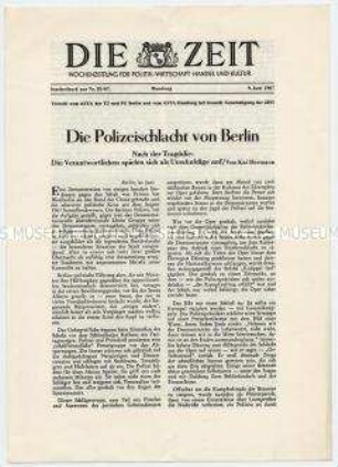 Sonderdruck der "Zeit" über den Polizeieinsatz, bei dem Benno Ohnesorg erschossen wurde