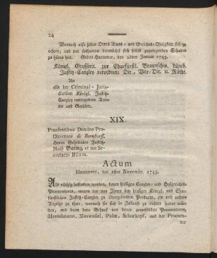 XIX. Actum Hannover, den 1sten Novembr. 1743.