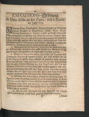 Executions-Ordnung/ de Dato Cölln an der Spree/ den 11. Martii/ im Jahr 1678.