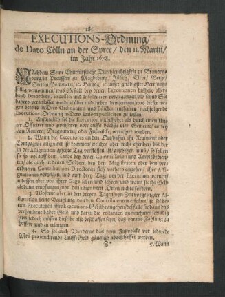 Executions-Ordnung/ de Dato Cölln an der Spree/ den 11. Martii/ im Jahr 1678.