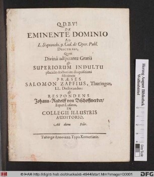 De Eminente Dominio Ad L. Siquando. 9. Cod. de Oper. Publ. Discursus