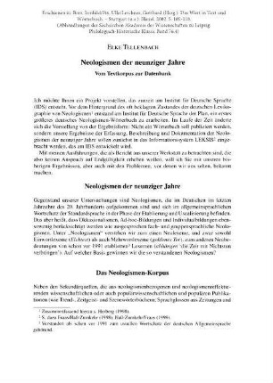 Neologismen der neunziger Jahre. Vom Textkorpus zur Datenbank