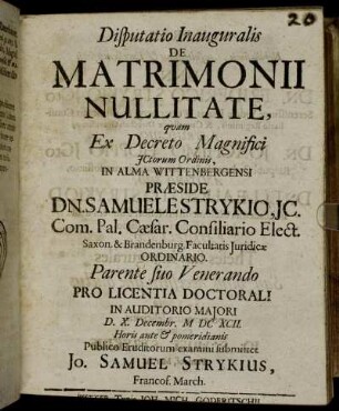 Disputatio Inauguralis De Matrimonii Nullitate