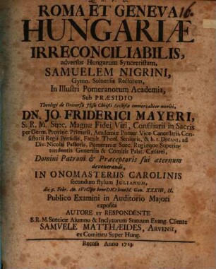 Roma et Geneva Hungariae irreconciliabilis