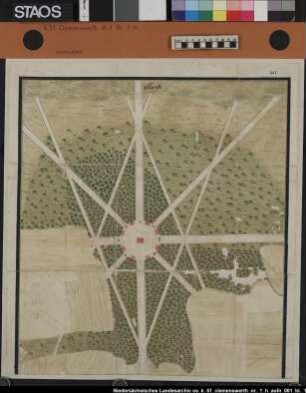 Situationszeichnung von Schloss Clemenswerth und Dorf Sögel, Blatt 1 u. 2, um 1740 "Plan général du Pavillon de chasse à Hümmling de S.A.S.E. de Cologne avec le village de Sögel"