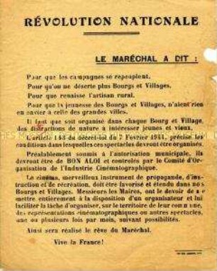 Propagandaflugblatt aus Vichy-Frankreich für die "Nationale Revolution"