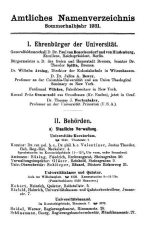 Amtliches Namenverzeichnis Sommerhalbjahr 1931.
