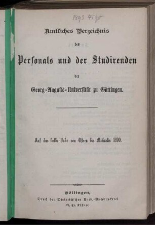 SS 1890: Amtliches Verzeichnis des Personals und der Studierenden der Königlichen Georg-Augusts-Universität zu Göttingen