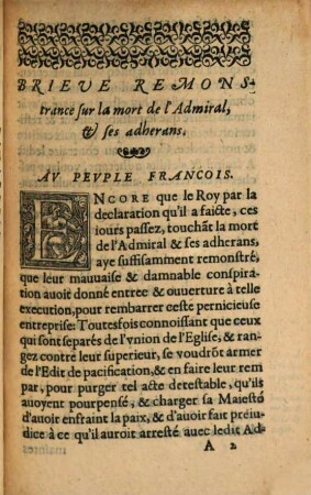Brieve Remonstrance Svr La Mort De l'Admiral, & ses adherans : Av Pevple Francois