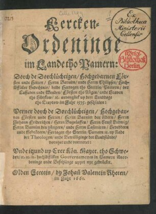 Kercken-Ordeninge Im Lande tho Pamern: