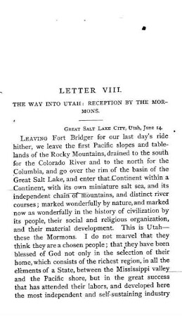 LETTER VIII. THE WAY INTO UTAH: RECEPTION BY THE MORMONS