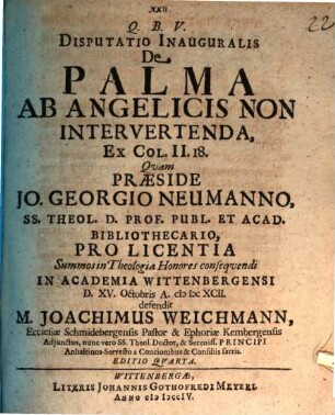 Disp. inaug. de palma ab angelicis non intervertenda, ex Col. II, 18
