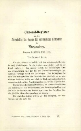 [V.] Generalregister zu den Jahresheften des Vereins für vaterländische Natukunde in Württemberg. Jahrgang I-XXXIX, 1845-1883