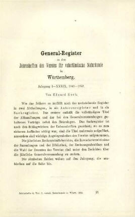 [V.] Generalregister zu den Jahresheften des Vereins für vaterländische Natukunde in Württemberg. Jahrgang I-XXXIX, 1845-1883