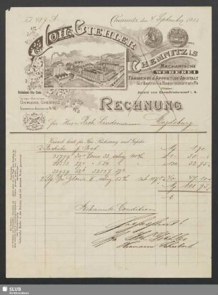 Joh. Giehler, Chemnitz i. S., Mechanische Weberei, Färberei & Appretur-Anstalt für Sonnen- und Regenschirmstoffe : Rechnung