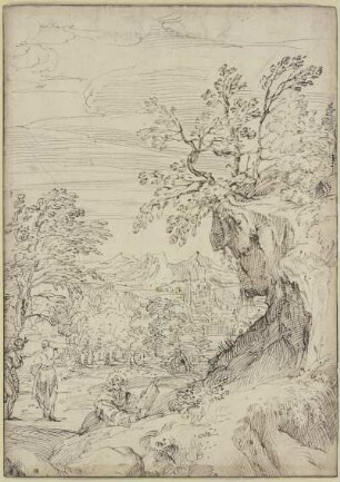 Landschaft mit dem heiligen Franziskus und zwei weiteren Figuren
