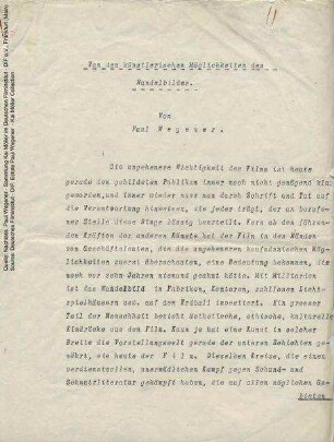 Von den künsterischen Möglichkeiten des Wandelbildes. Aufsatz, um 1916