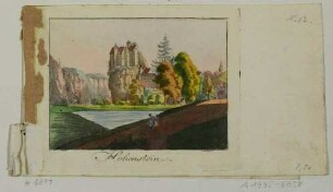 Die Burg Hohnstein in der Sächsischen Schweiz von Süden, mit Brief
