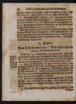 13.Capitel. Was D. Frohn wider das H. Meß-Opfer schreibe a pag. 475 wird beantwortet.