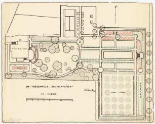 Garten Treuenfels, Deutsch-Lissa: Garten im Grundriss mit Umriss des Wohnhauses 1:200, Maßstabsleiste