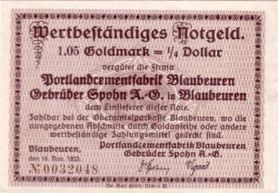 Goldwechselschein der Portlandcementfabrik, Gebrüder Spohn AG in Blaubeuren