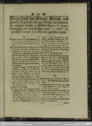 Verzeichniß der Königl. Preußl. und Churfl. Brandenbl. Kriegs-Gesetze