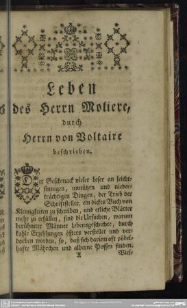 Leben des Herrn Moliere, durch Herrn von Voltaire beschrieben