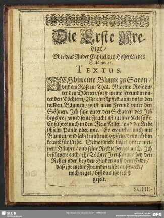 Die Erste Predigt, Uber das Andere Capitel HoheLiedes Salomonis