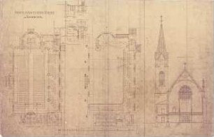 Heilmann & Littmann; München - Neuhausen, Dom- Pedro- Platz; Christuskirche und Pfarrhaus - Grundriss EG, Grundriss Empore, Querschnitt