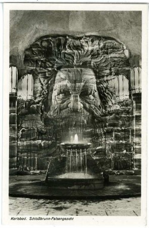 Karlsbad. Schlossbrunn (1910-1912) : Karlsbad. Neue Schloßkolonnade (Schlossbrunn, Burgquell-Kolonnade, 1910-1912; Friedrich Ohmann). Inneres mit Burgquell und "Felsengesicht"