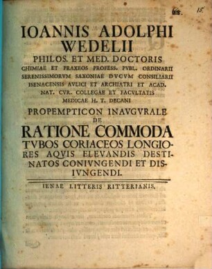 Ioannis Adolphi Wedelii ... propempticon inaugurale de ratione commoda tubos coriaceos longiores aquis elevandis destinatos coniungendi et disiungendi