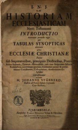 Ad historiam ecclesiasticam novi testamenti introductio : per tabulas synopticas adornata