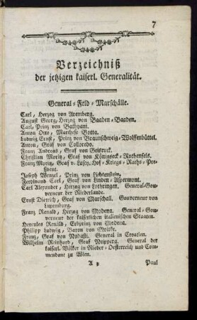 Verzeichniß der jetzigen kaiserl. Generalität
