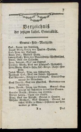 Verzeichniß der jetzigen kaiserl. Generalität