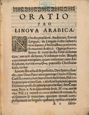 Joan Melchioris Maderi Oratio pro lingua arabica : dicta Augustae Vindelicorum in Colleg I Annaei auditorio maiori mense octobri