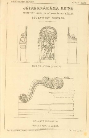 Plate XXXI. Jétawanáráma ruins. Monastery north of Létawanáráma Dágaba. South-west Pirivena. Guard stone (south). Balustrade (north).