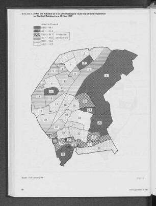 Anteil der Arbeiter an den Erwerbstätigen nach Statistischen Gebieten im Stadtteil Rahlstedt am 25. Mai 1987