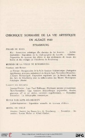 Chronique sommaire de la vie artistique en alsace 1930