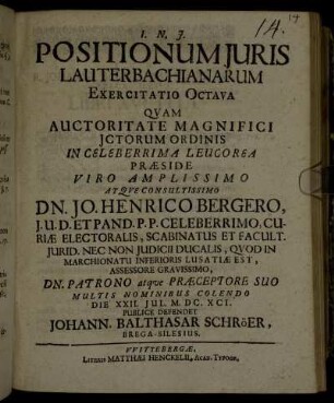 Positionum Juris Lauterbachianarum Exercitatio Octava