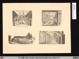 [Vier Ansichten von Schloss Salzdahlum]: Fontaine mit dem Parnass im Hintergrunde, Orangerie, Alte Wache und Marstall, Innere Ansicht des alten Marstalles.