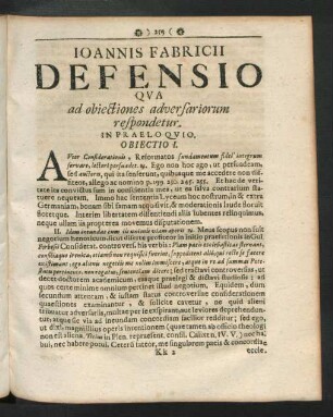 Ioannis Fabricii Defensio Qua ad obiectiones adversariorum respondetur