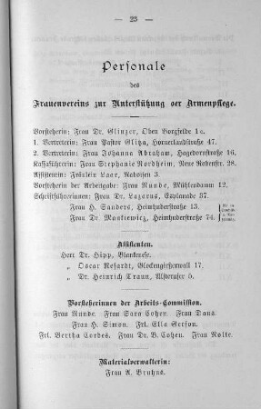 Personale des Frauenvereins zur Unterstützung der Armenpflege.